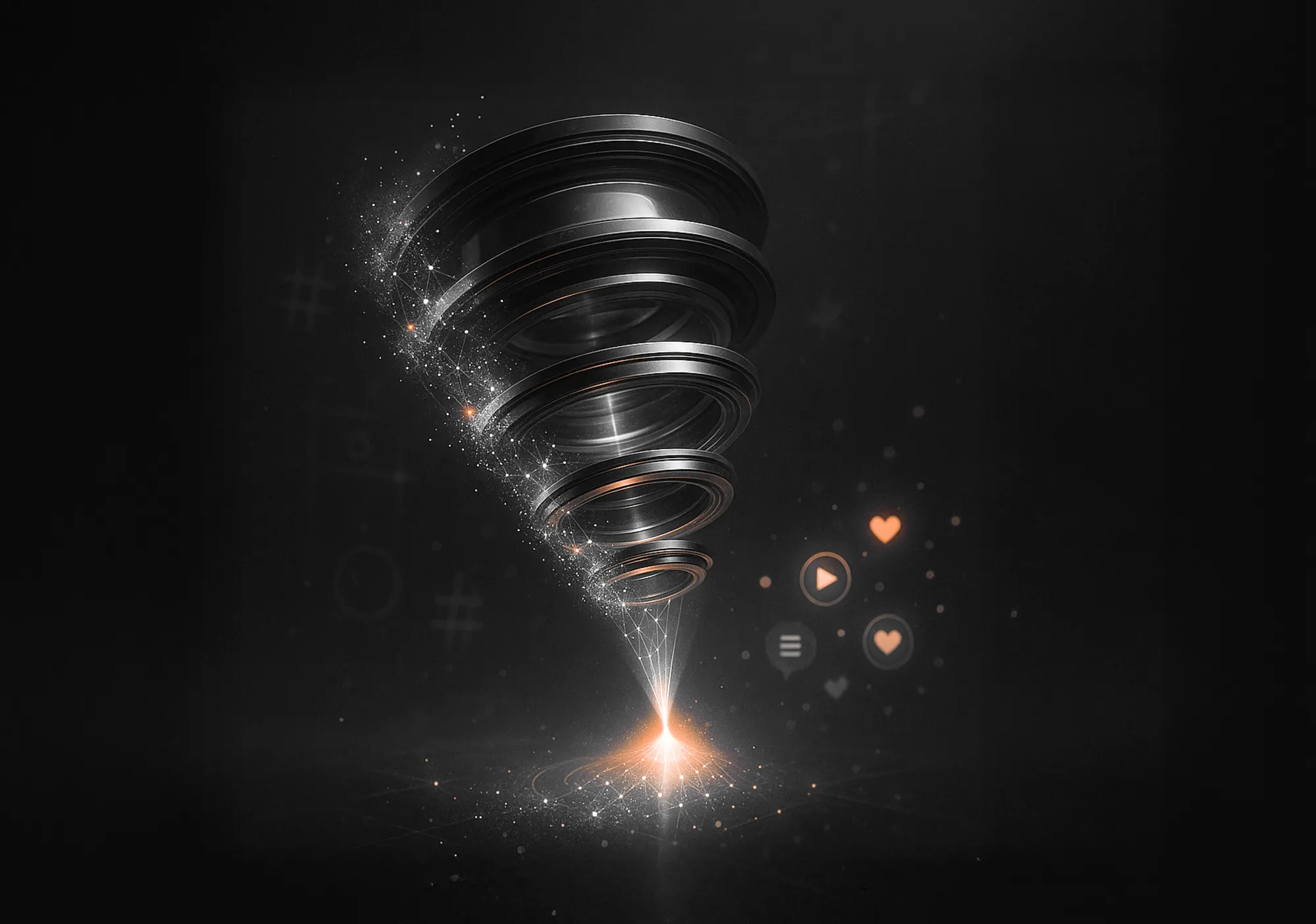 Abstract funnel with social icons and light, evoking social media marketing strategy development.