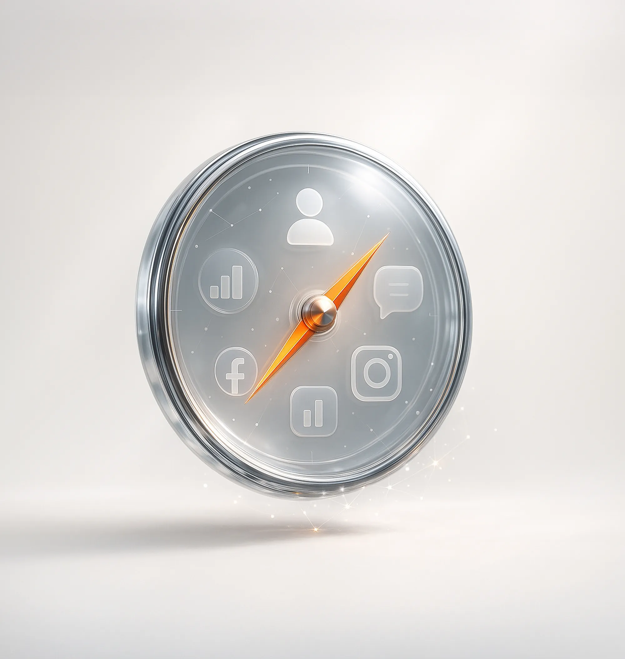 Silver compass with Facebook, Instagram, and other social icons as directions, symbolizing social media marketing services.