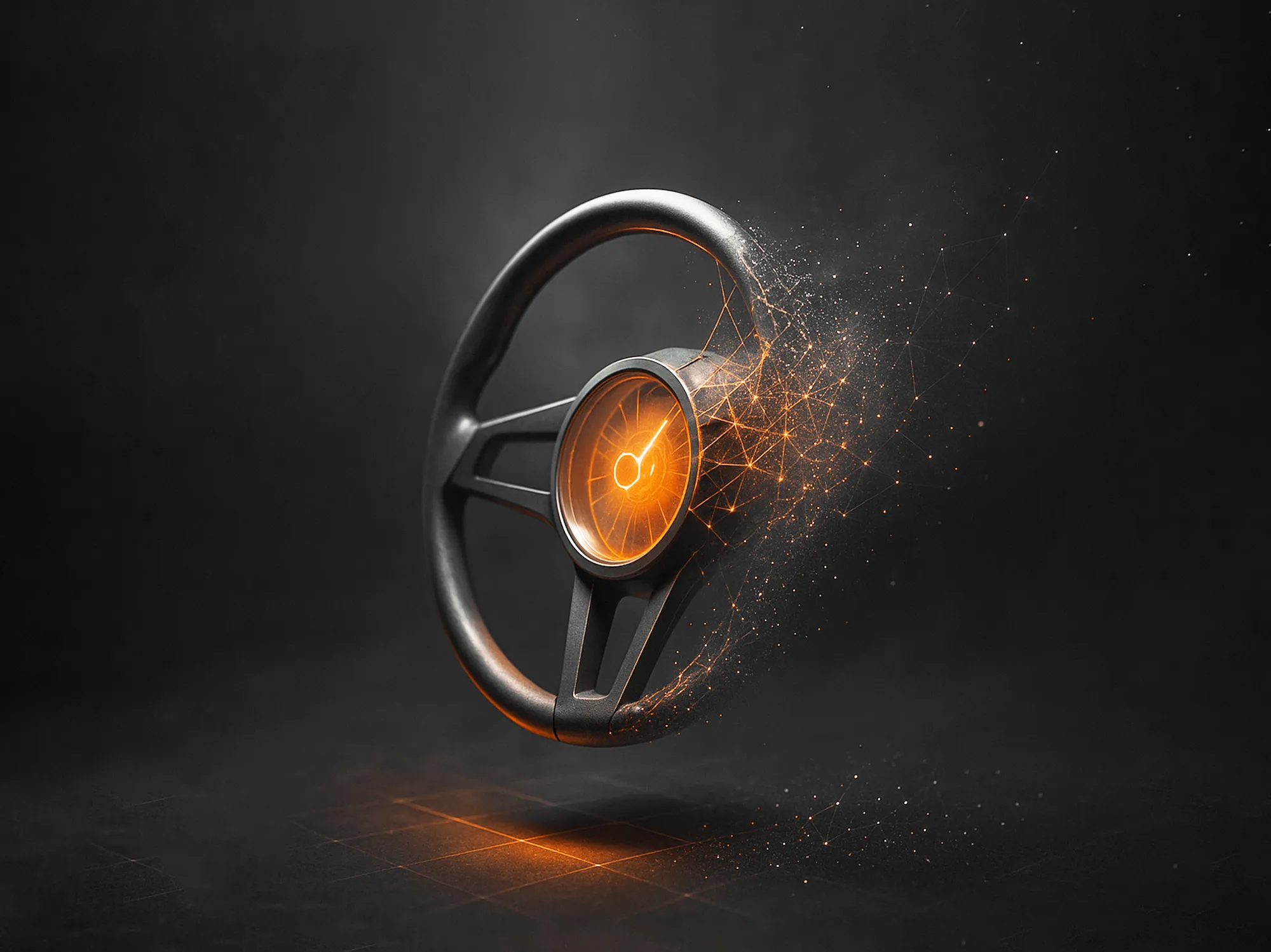 Steering wheel with an orange glowing hub and digital effects, representing control and guidance in community management.