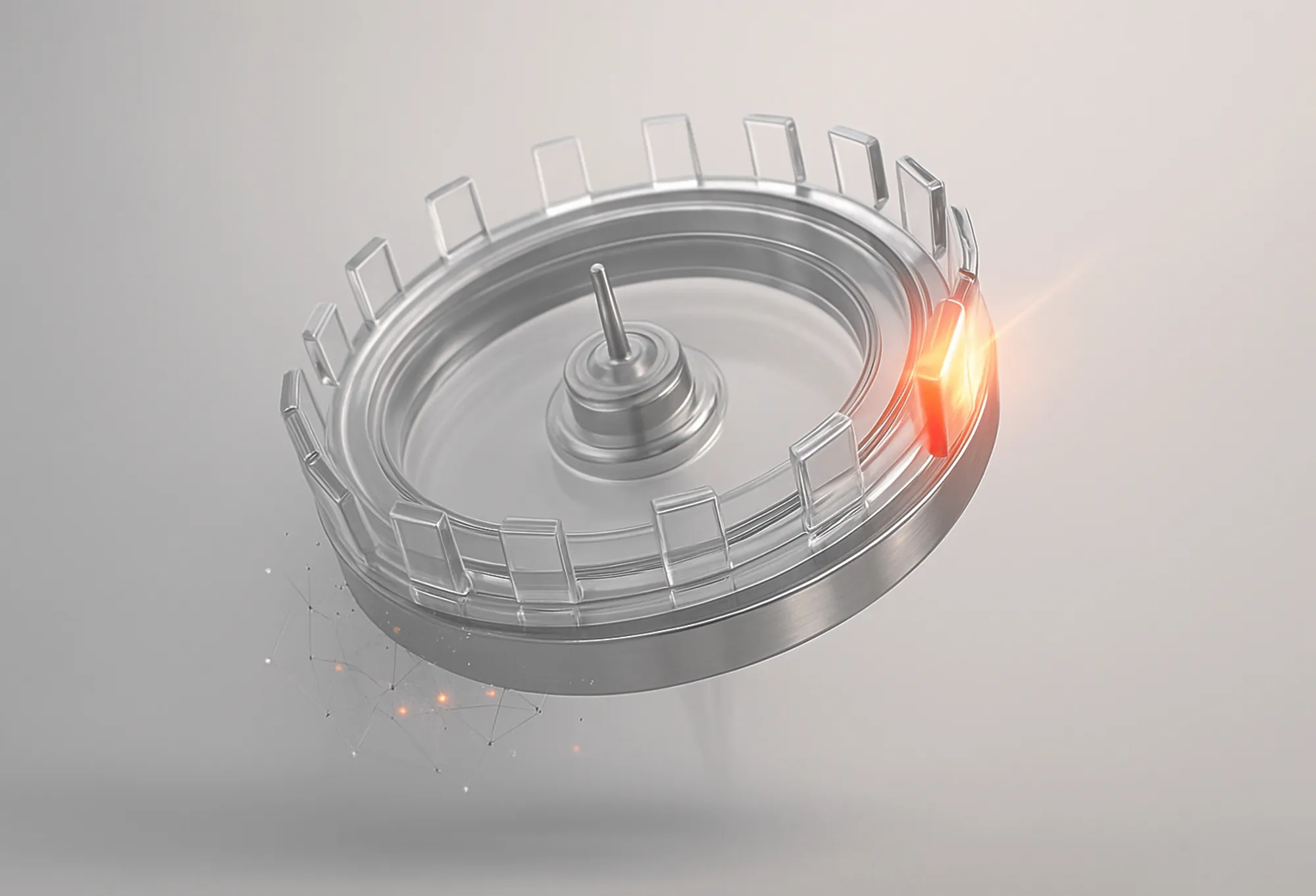 A metallic circular gear with one lit section on a light background, illustrating precision in social media strategy.