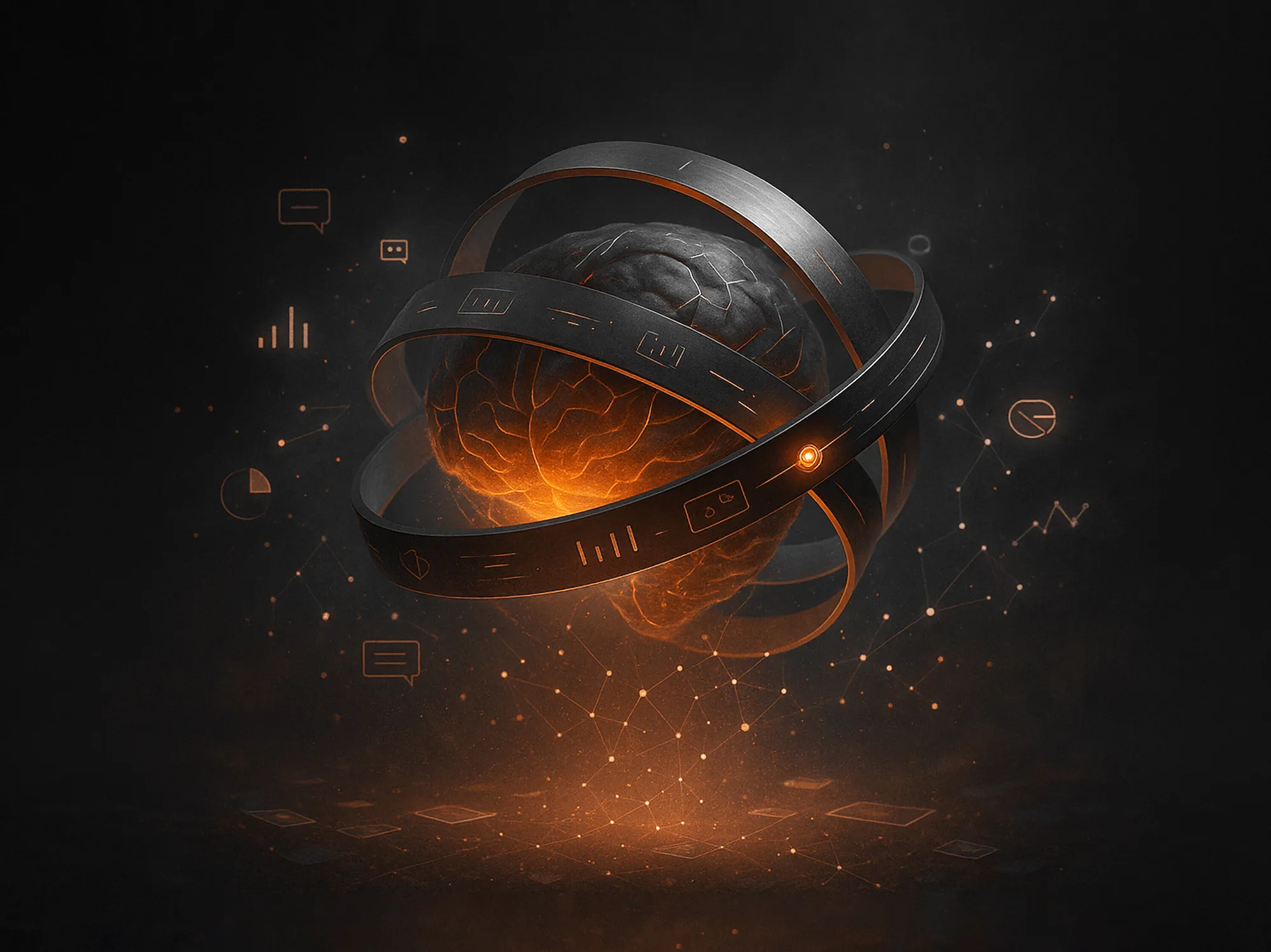 A glowing brain surrounded by metallic rings and icons, floating in digital space, representing social media analytics.