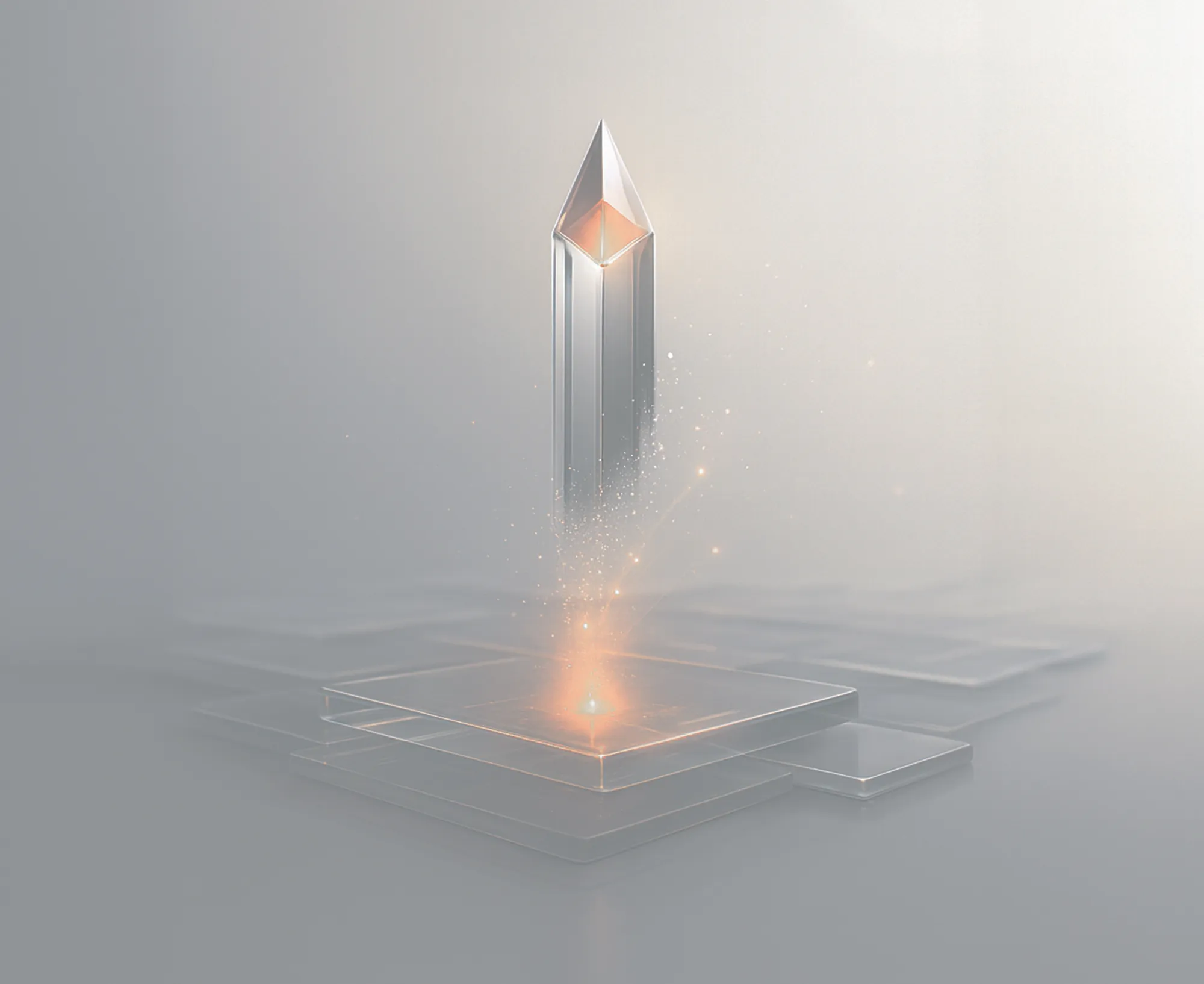 Abstract crystal spire rising from a glowing base, symbolizing staying ahead of competition with search ads appearances.