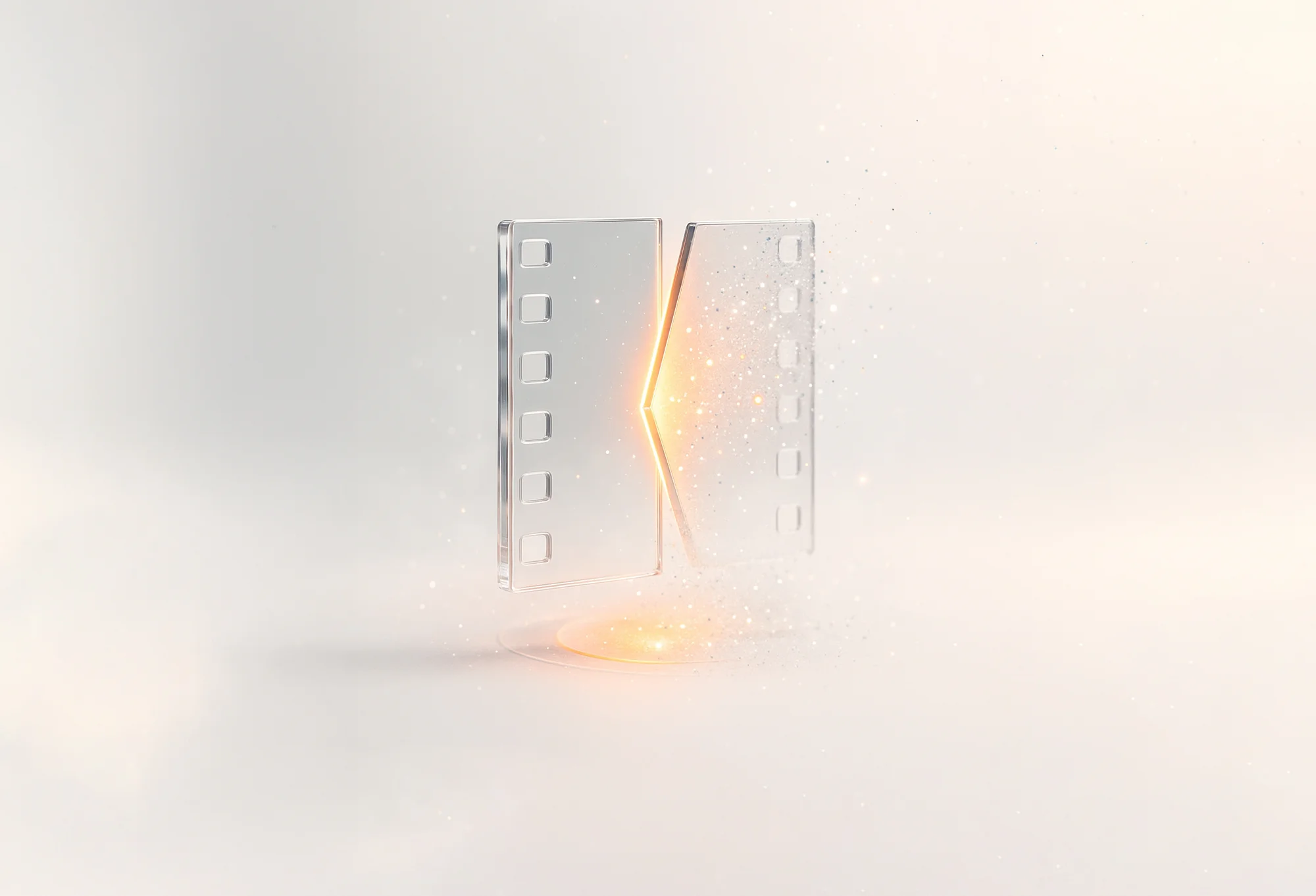 A transparent film strip icon split in half with orange glow, representing visual storytelling opportunities on YouTube.