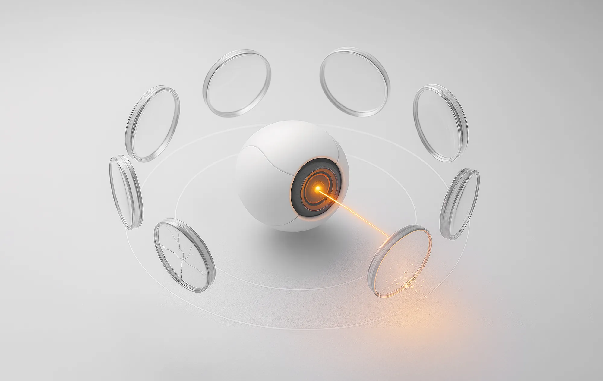 A white robotic eye with an orange center beams at a transparent ring, illustrating digital marketing analysis.
