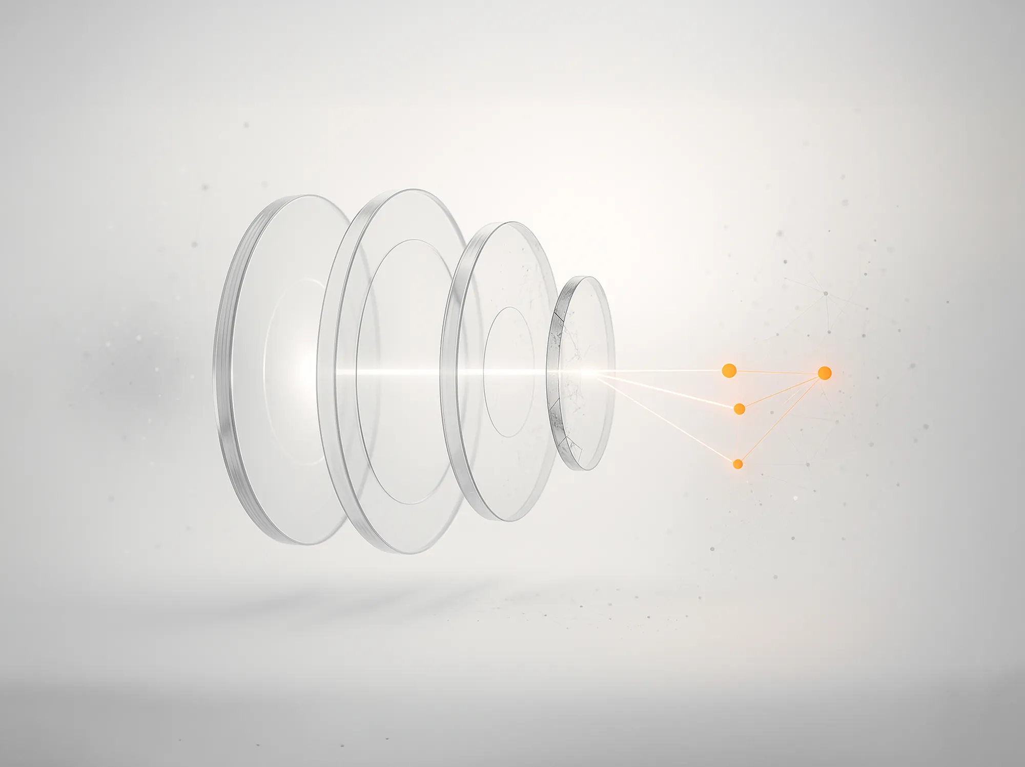 Four transparent circular lenses with a light beam and orange dots, representing brand presence on marketing platforms.