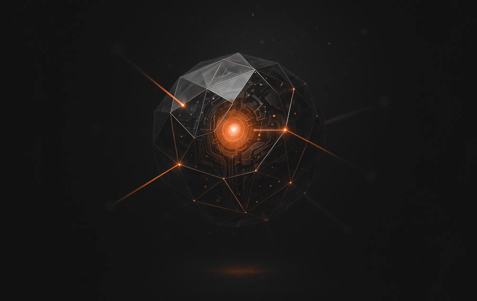 A glowing orange sphere with circuitry lines on a dark background represents structured data on a website for AI-readability.