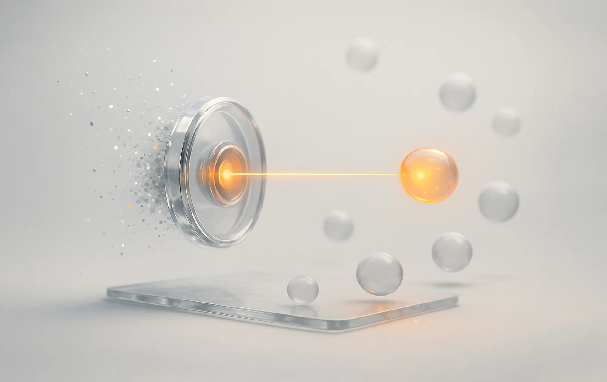 Glowing lens fires an orange beam at a sphere among smaller ones, representing reaching target audiences with precision.