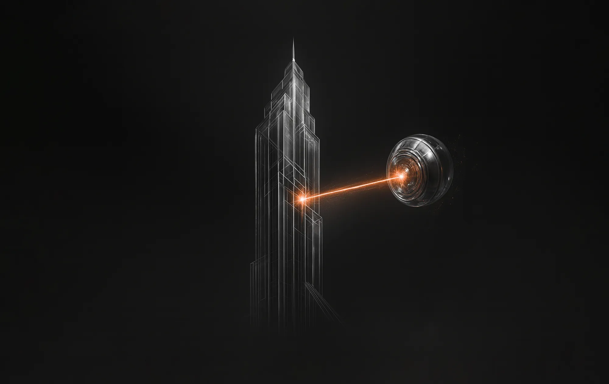 A metallic eye scans a skyscraper with an orange beam, illustrating technical SEO health audit.