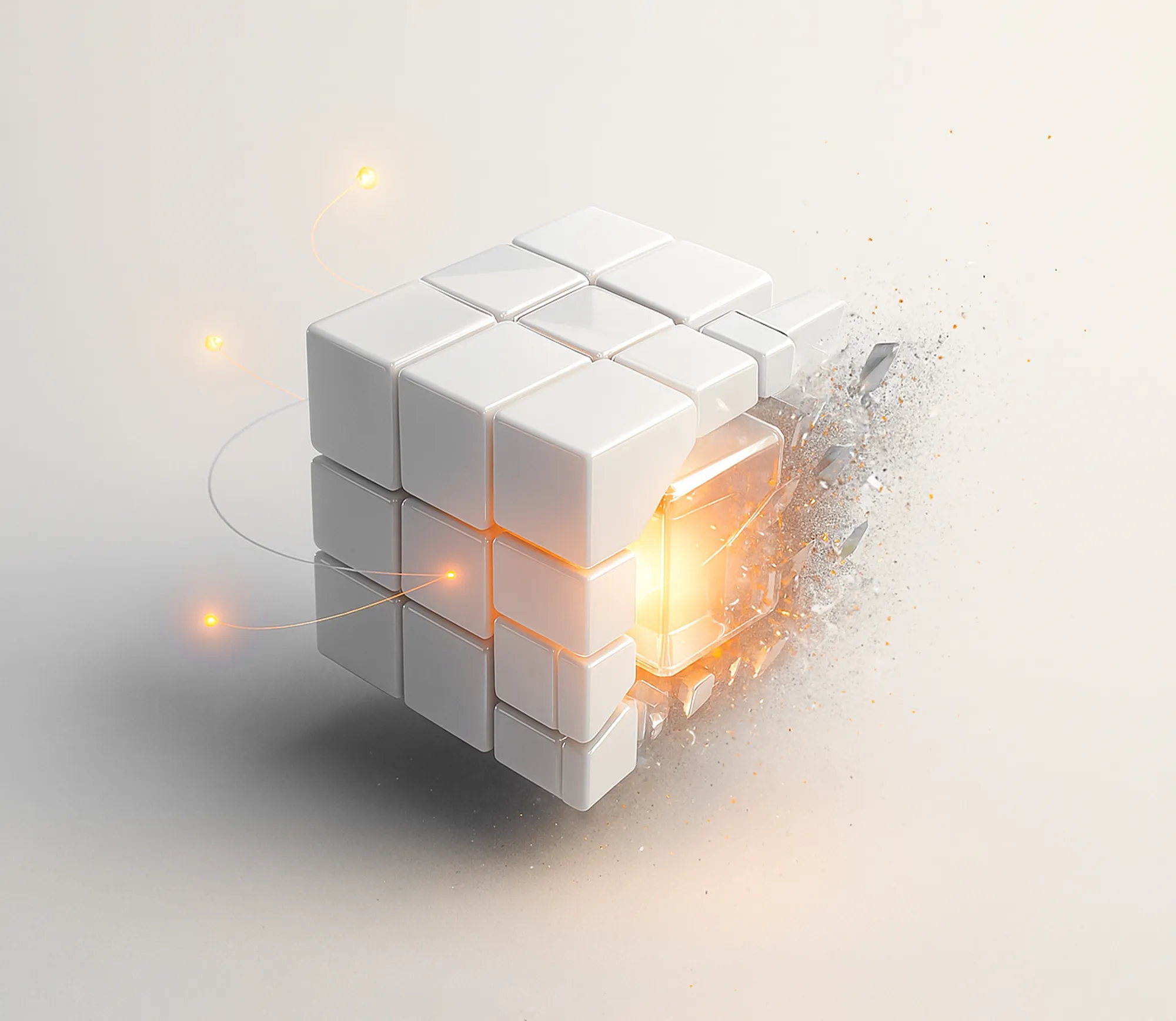 Abstract white cube with orange glow and broken side, symbolizing technical SEO and site optimization.