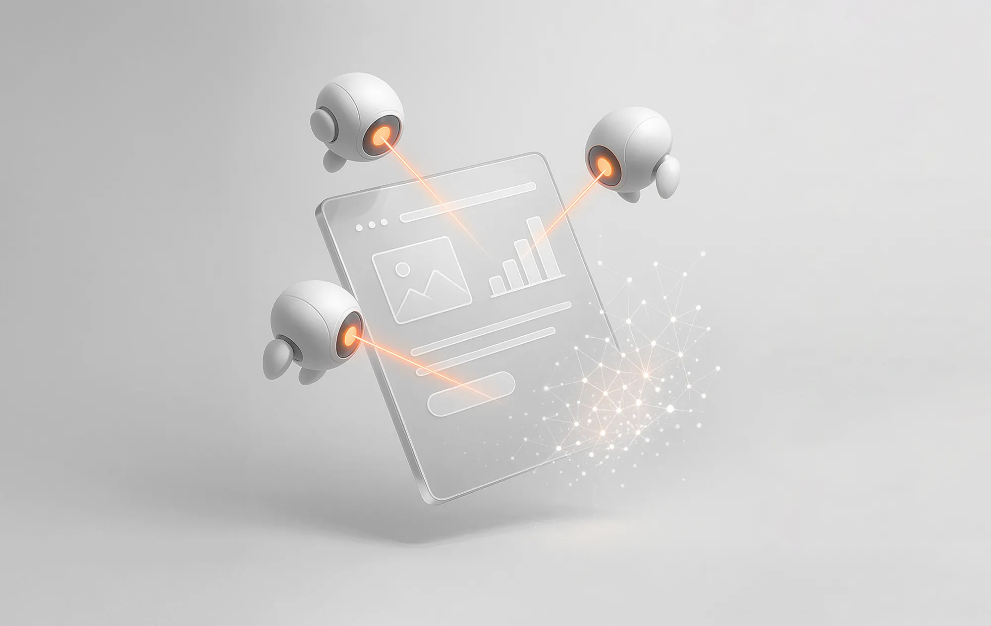 Floating spherical drones scan a digital document with photo and bar graph, illustrating a digital marketing audit process.
