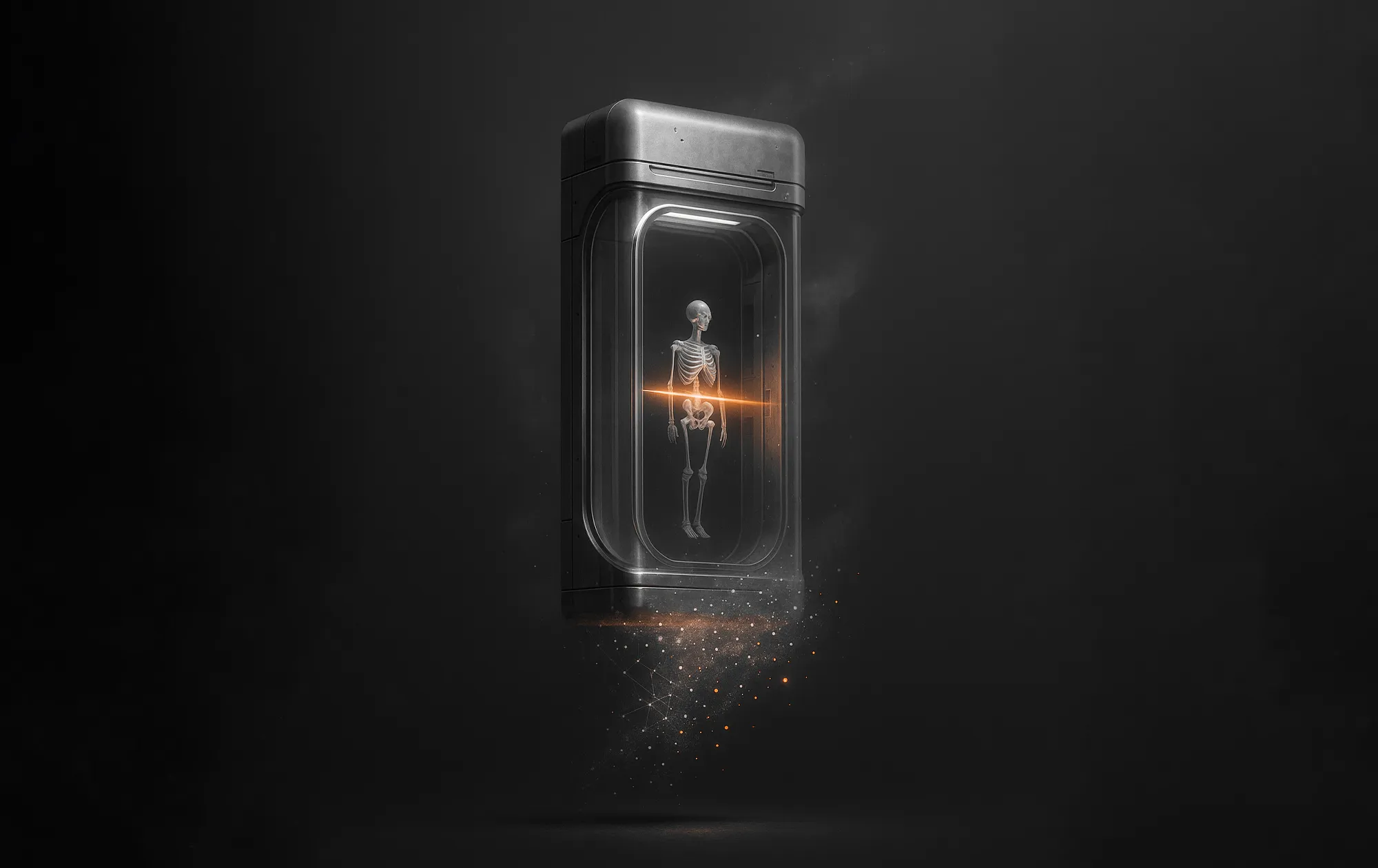 A human skeleton stands in a device with an orange light scanning the torso, symbolizing user intent analytics.