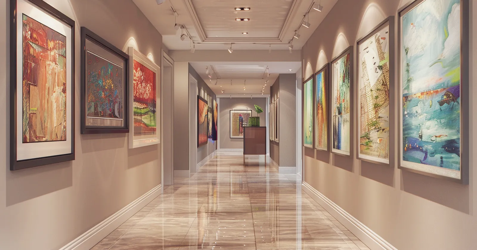 Art gallery hallway with colorful paintings, representing a case study on Facebook page management for an art brand.