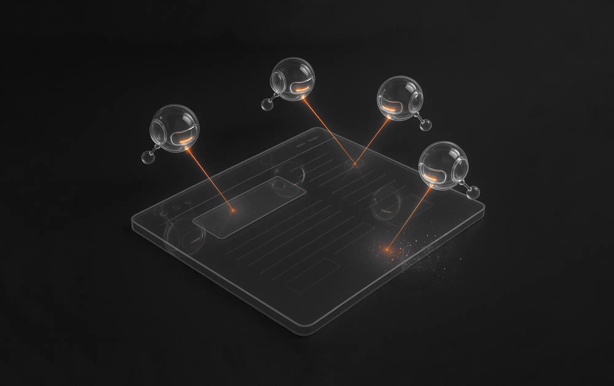 Four transparent floating robots emit orange beams onto a platform, representing website and funnel analysis.