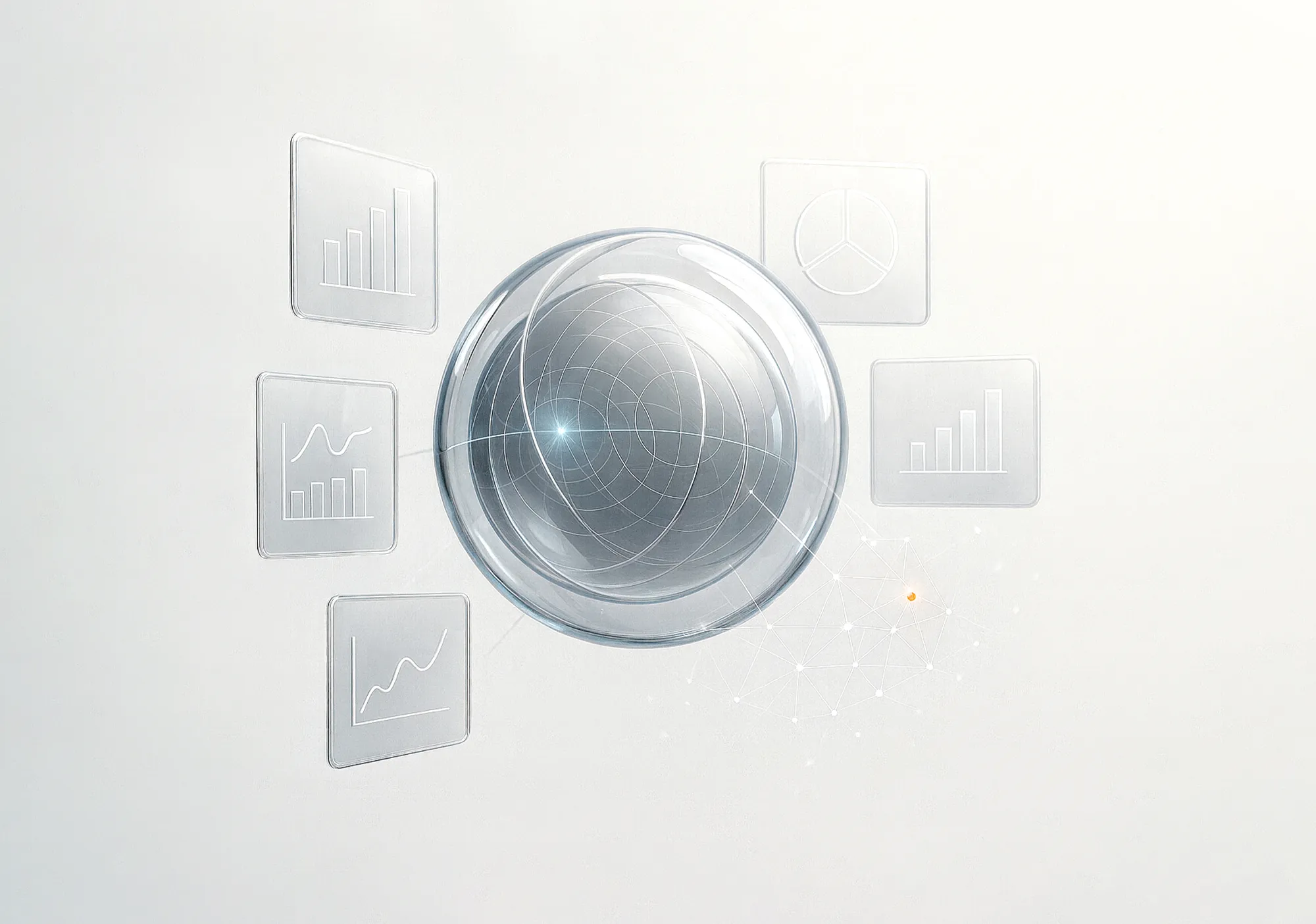 A metallic sphere with translucent graph icons showing diverse analytics, illustrating advanced SEO rank tracking.