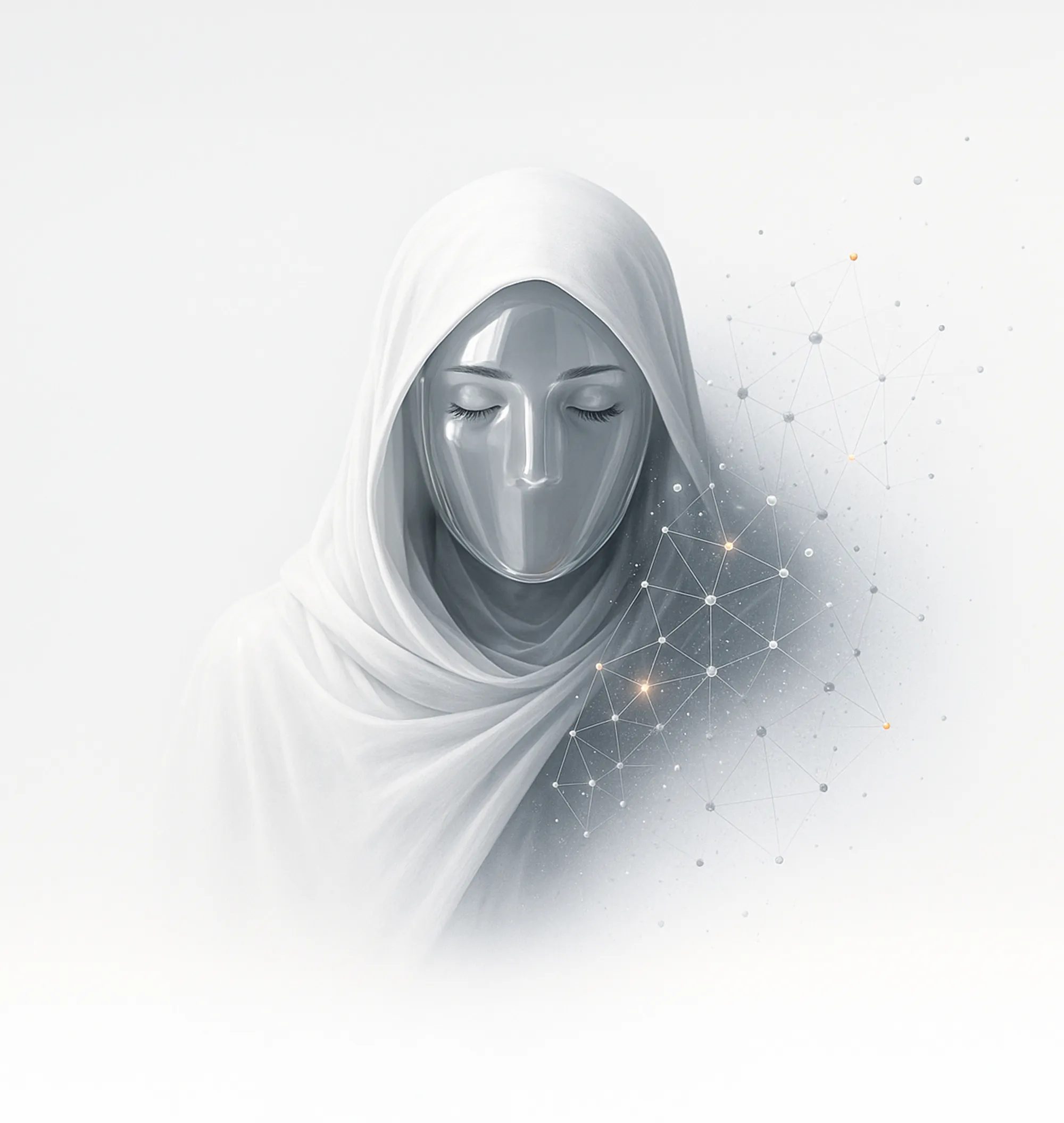 Illustration of a white-hooded figure with metallic face, symbolizing anonymity in our white label agency services.