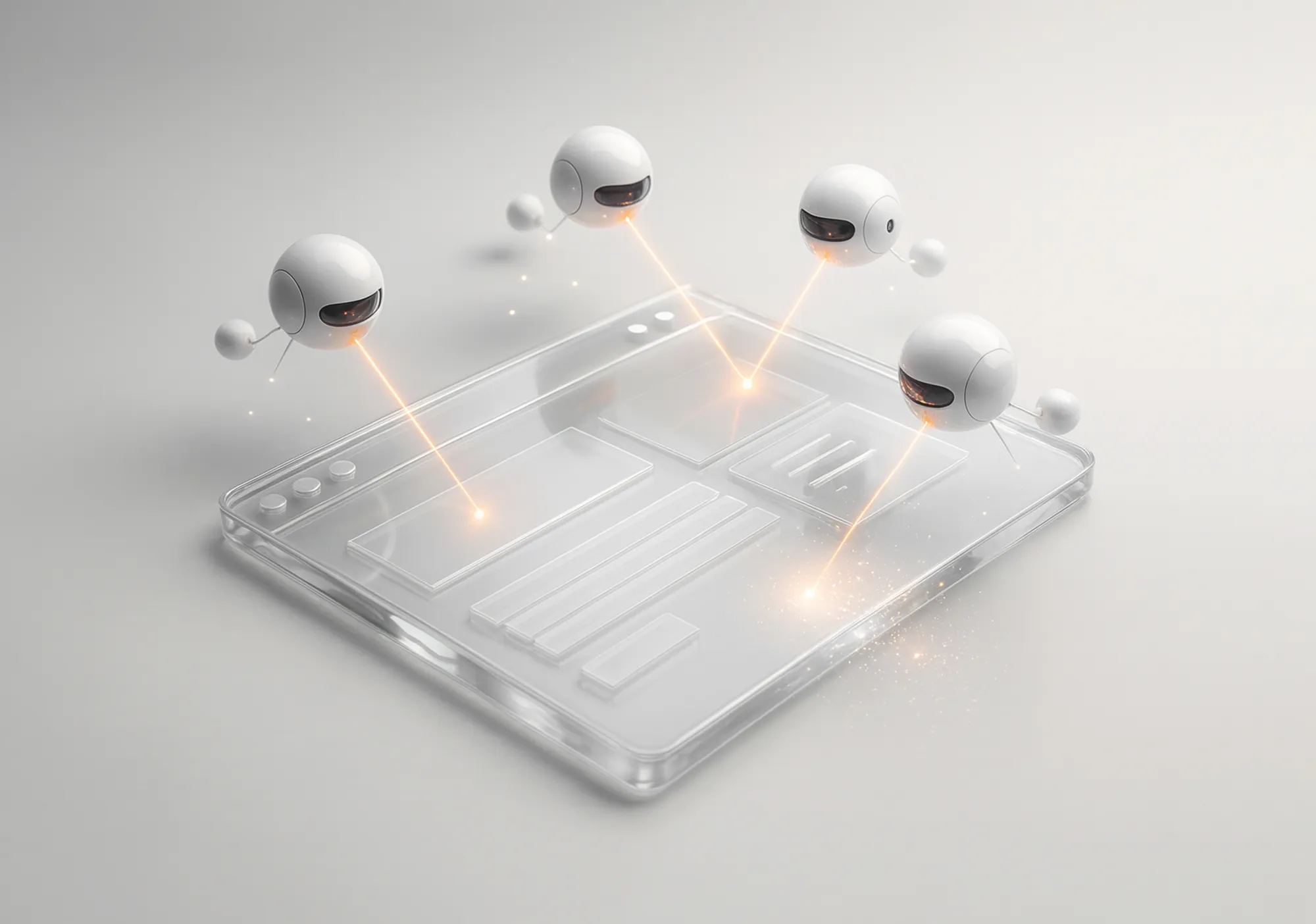 Robotic drones project orange lasers onto a clear tile, symbolizing AI-search optimization services for other agencies.