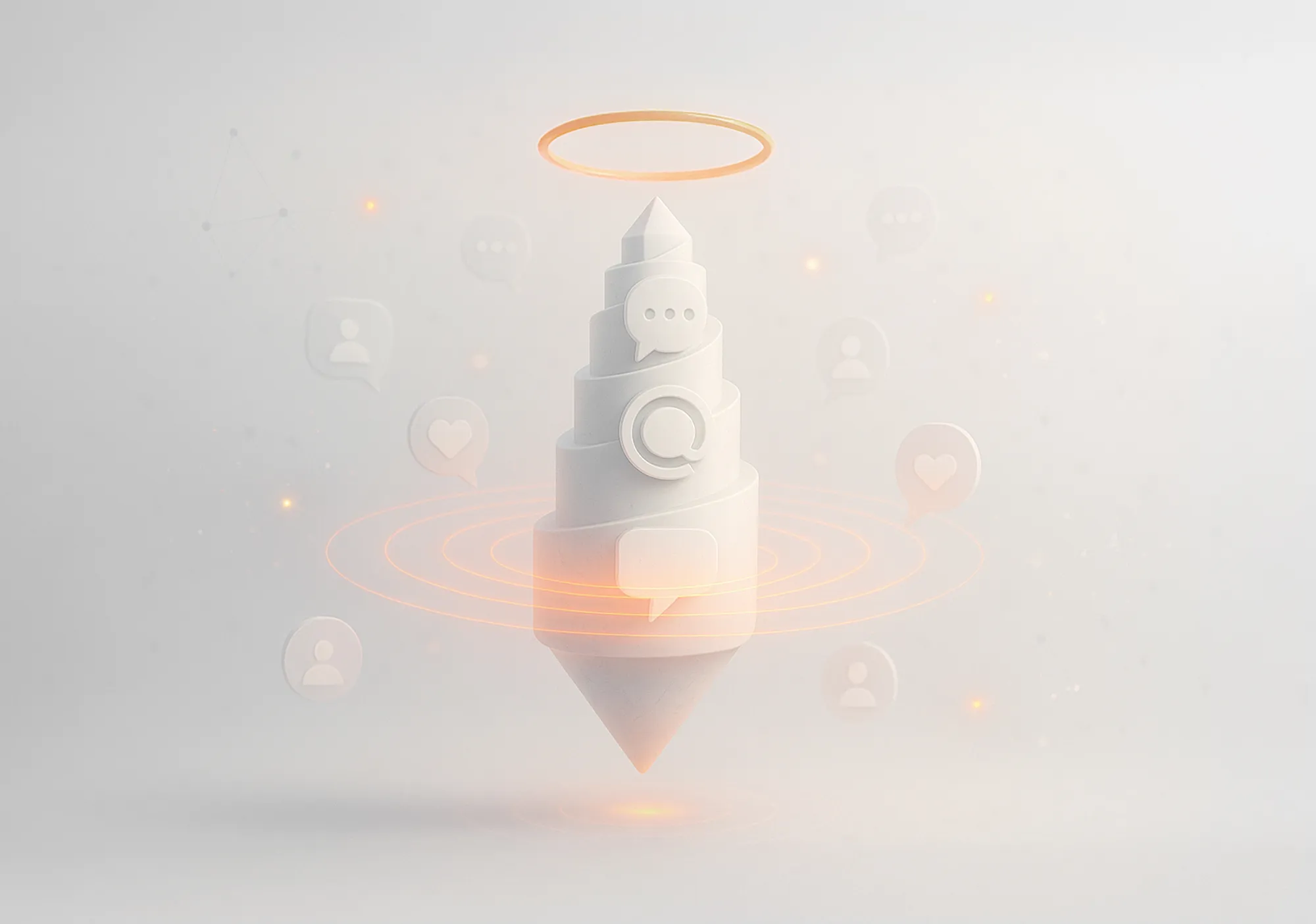 A white spiral with an orange halo and floating social media icons, evoking white label community management.