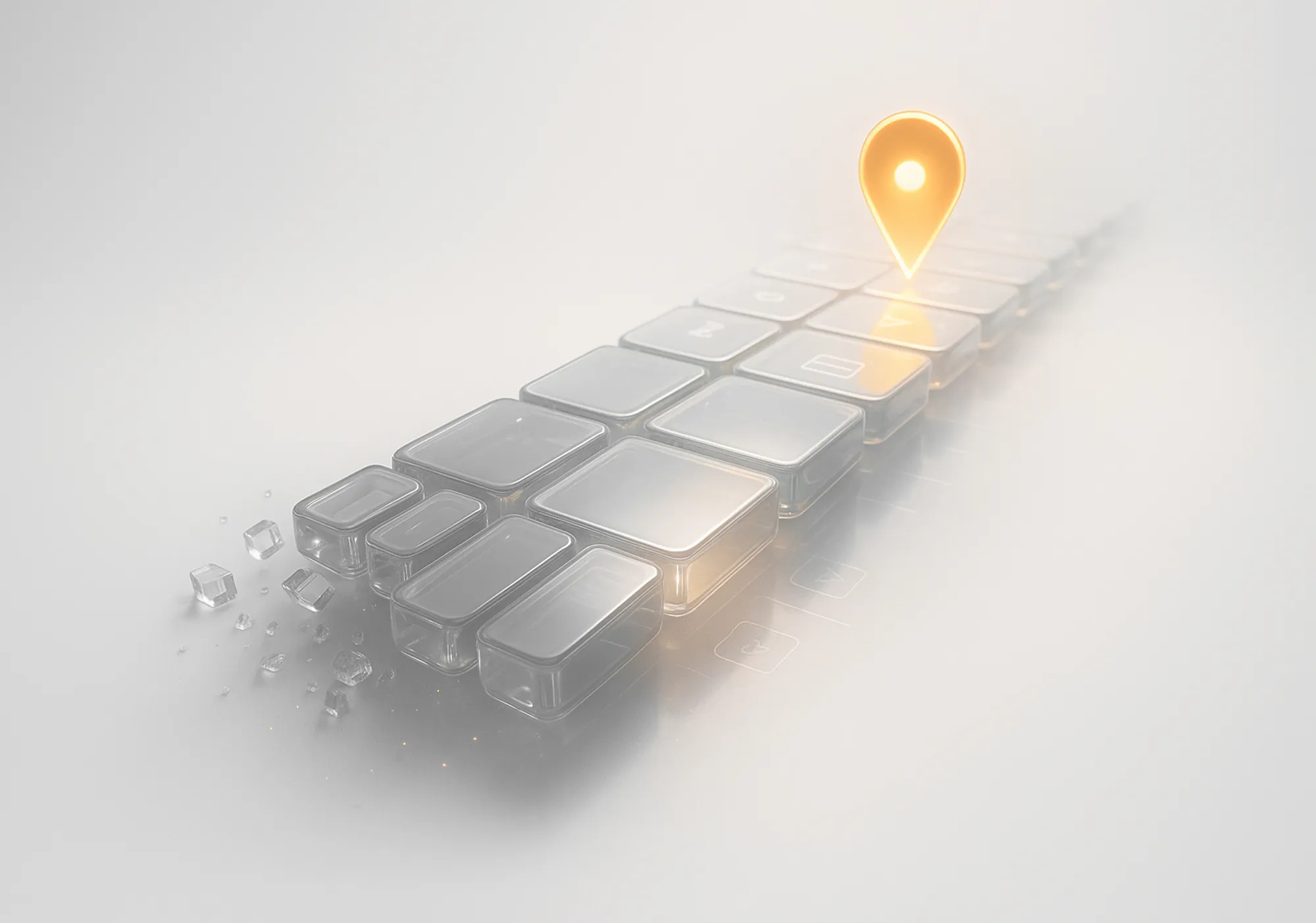 A glowing orange map pin above a transparent road structure, illustrating white label local SEO services.