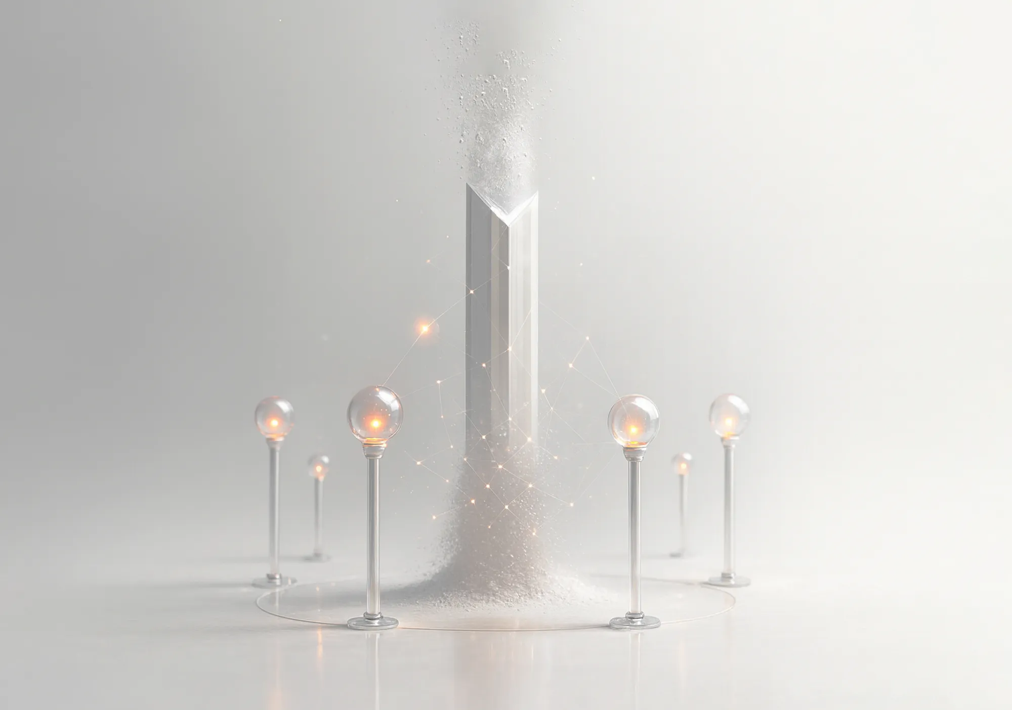 A tall, angular structure with six glass orbs on poles and upward particles, evoking white label link building services.