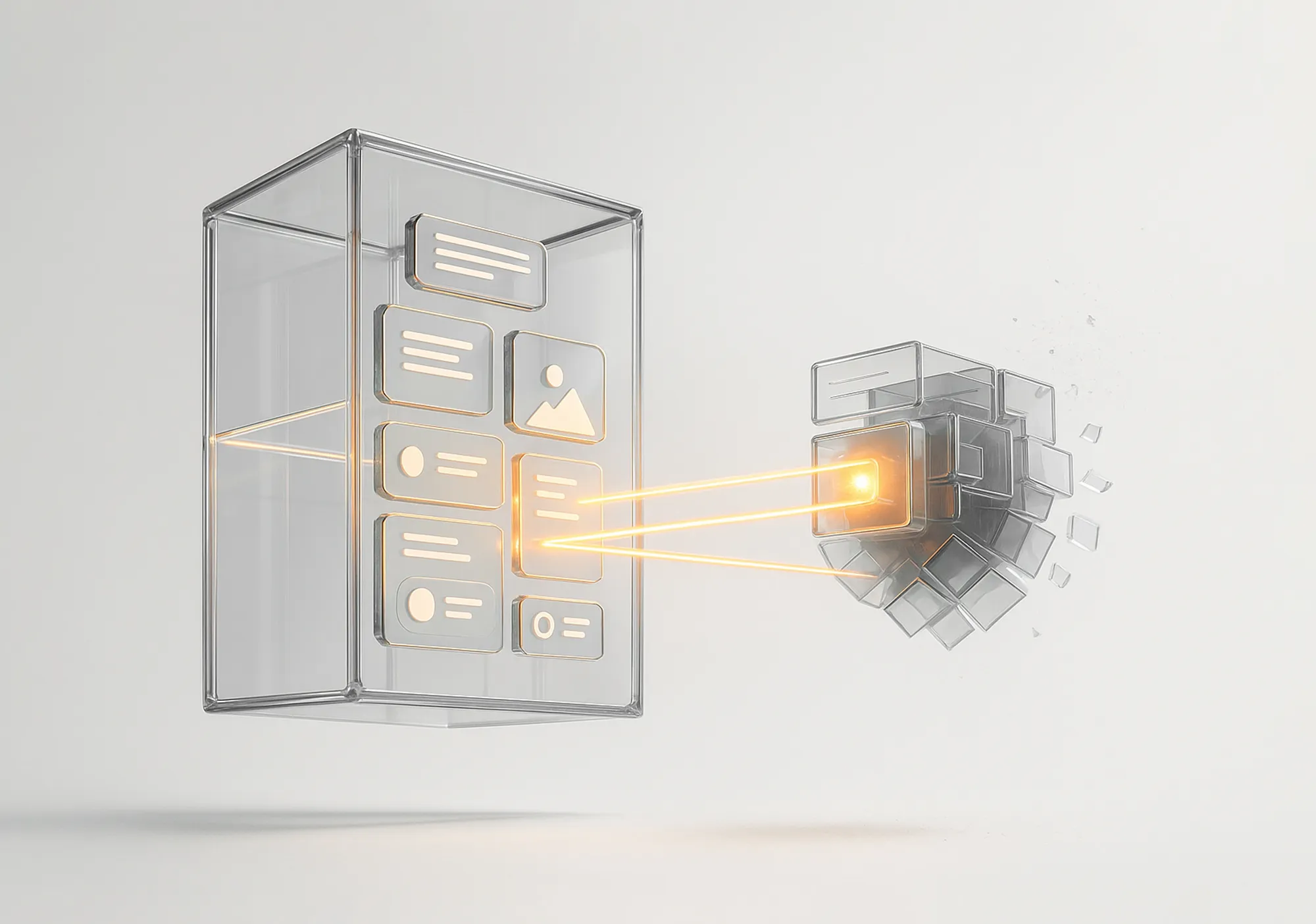 Transparent cube with digital icons connects via orange light to fragmented cube, illustrating on-page optimization services.