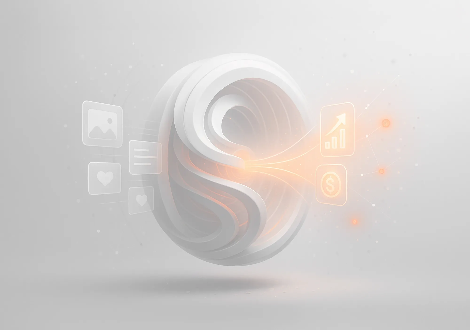 Abstract 3D white sphere with curves, orange glow, and digital icons evokes paid social media advertising for resellers.