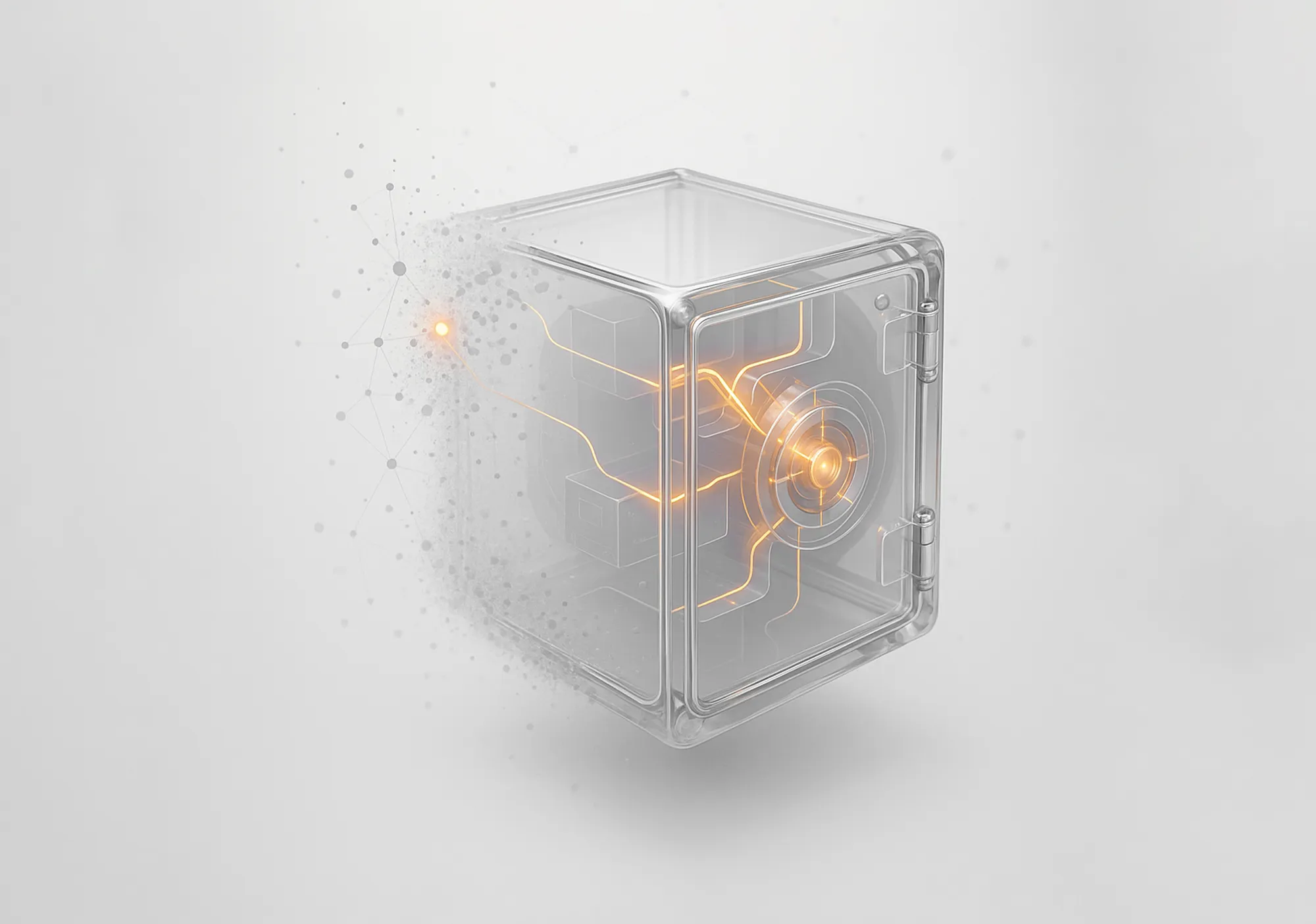 Transparent cube safe with orange circuit lines, illustrating budget management for pay-per-click advertising.