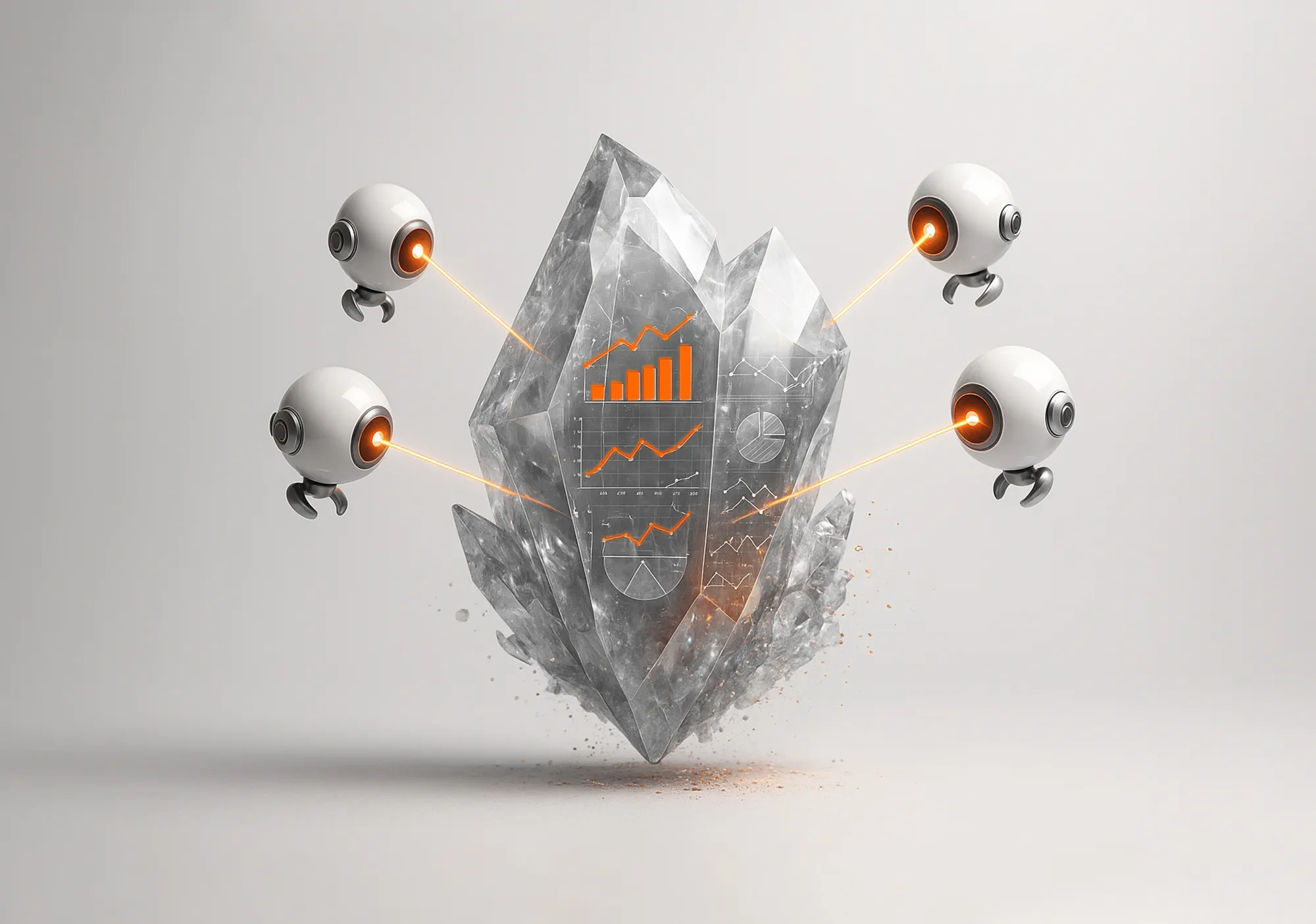 Small floating robots scanning a large crystal with digital graphs inside, representing white label PPC account analytics.