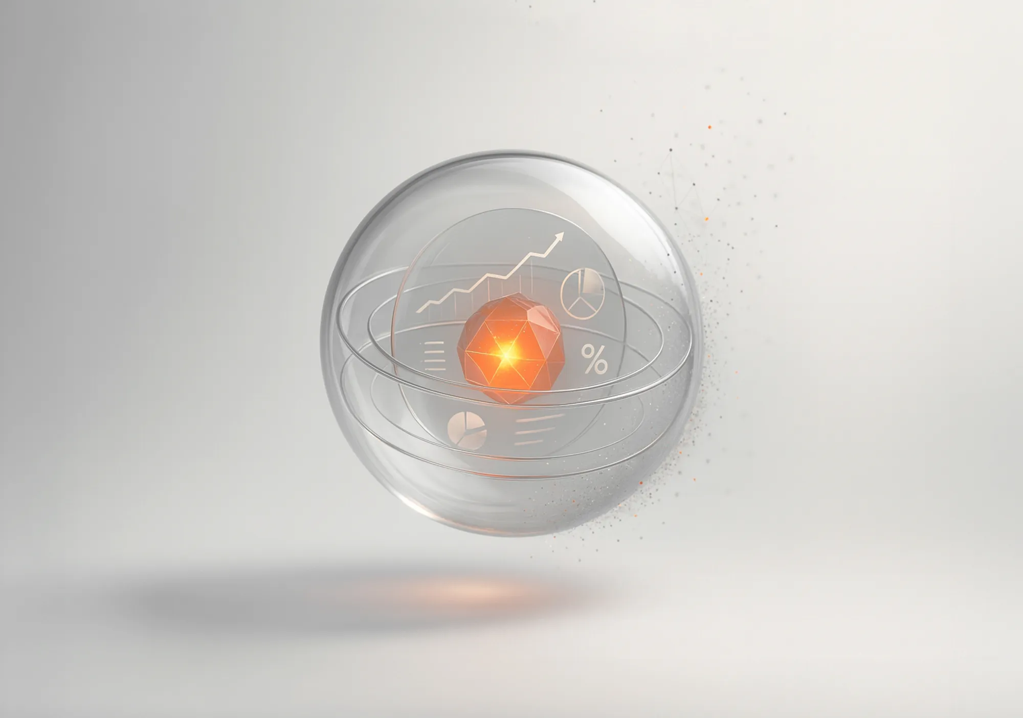 Transparent sphere with glowing orange shape and charts, symbolizing data visualization and white label PPC reporting.