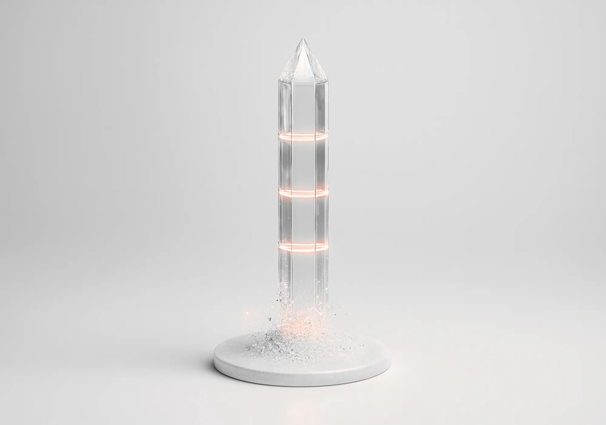 A tall crystal obelisk encircled by three glowing orange rings, illustrating pay-per-click campaign development.