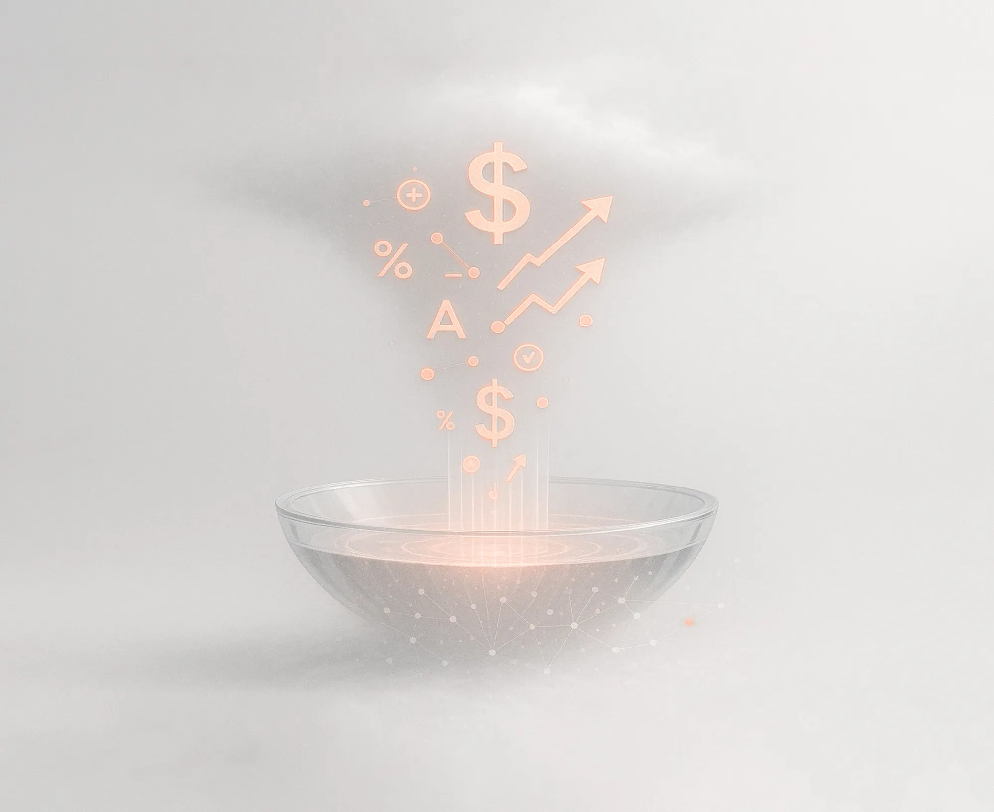 Money-related icons rain from a white cloud into a glass bowl, evoking profitable white label PPC services.