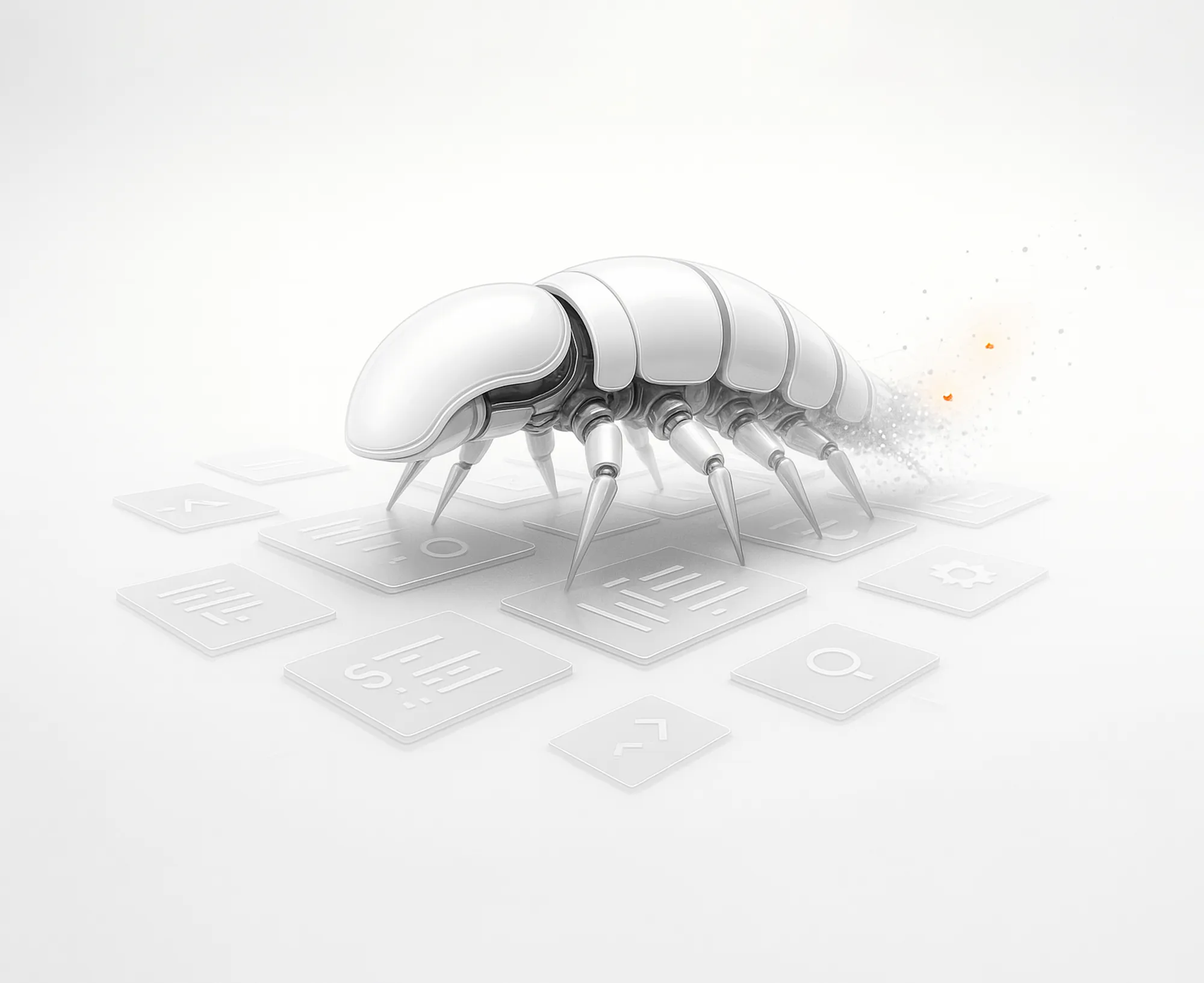A white, robotic insect moves across gray digital icons, representing innovative white label SEO services.