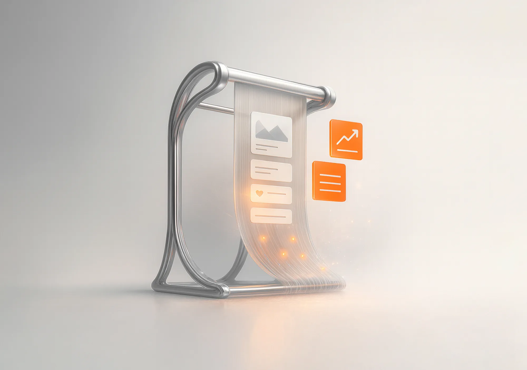 A metallic loom-like structure produces images, charts, and text, illustrating white label social media content creation.
