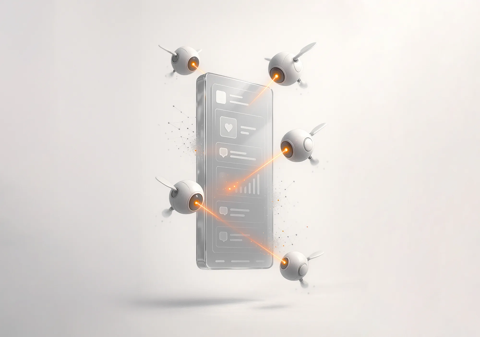 Transparent smartphone scanned by drones with orange lasers in a white setting, illustrating a social media audit process.