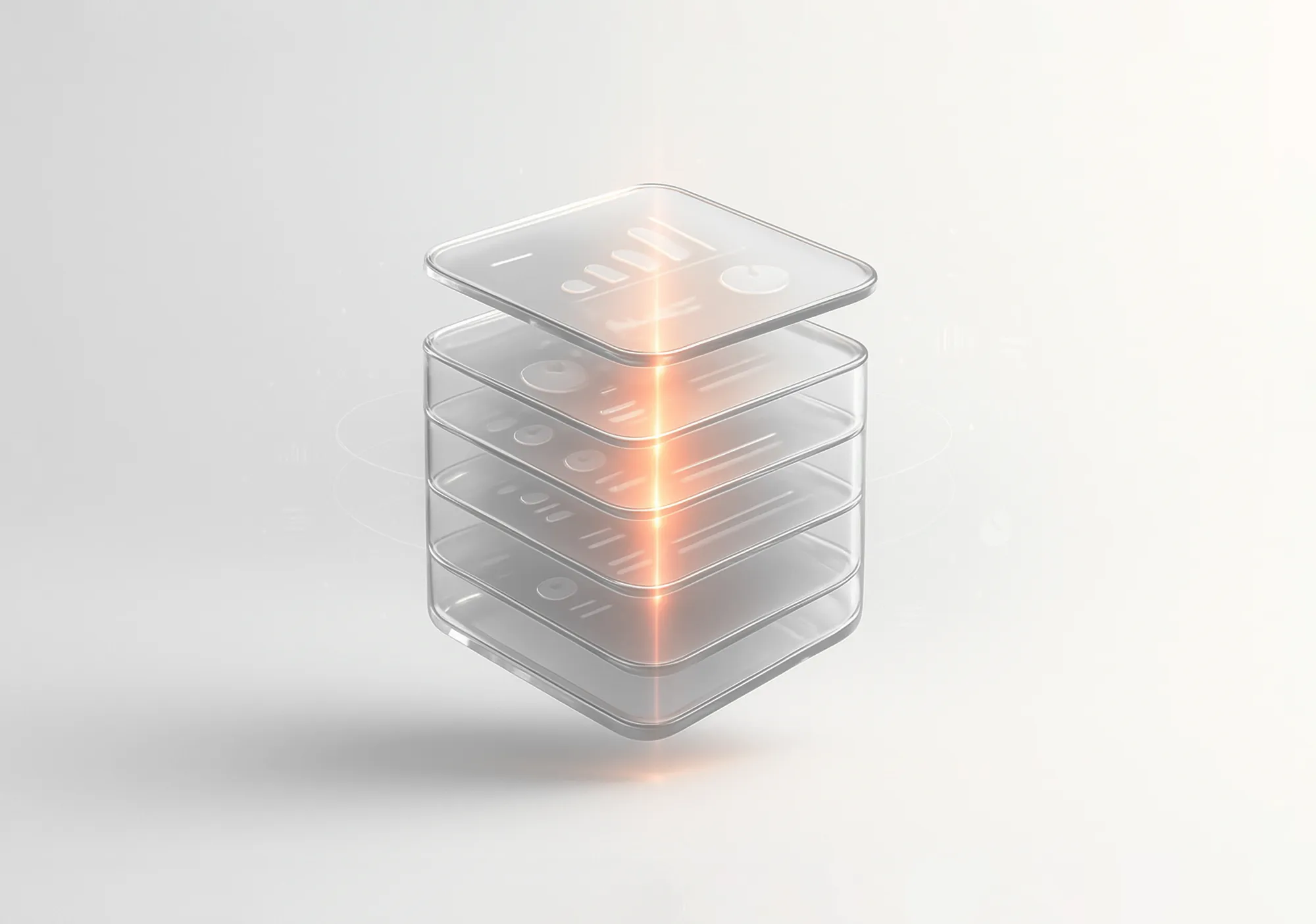 3D transparent stacked screens with data charts and orange vertical light, illustrating white label social media analytics.