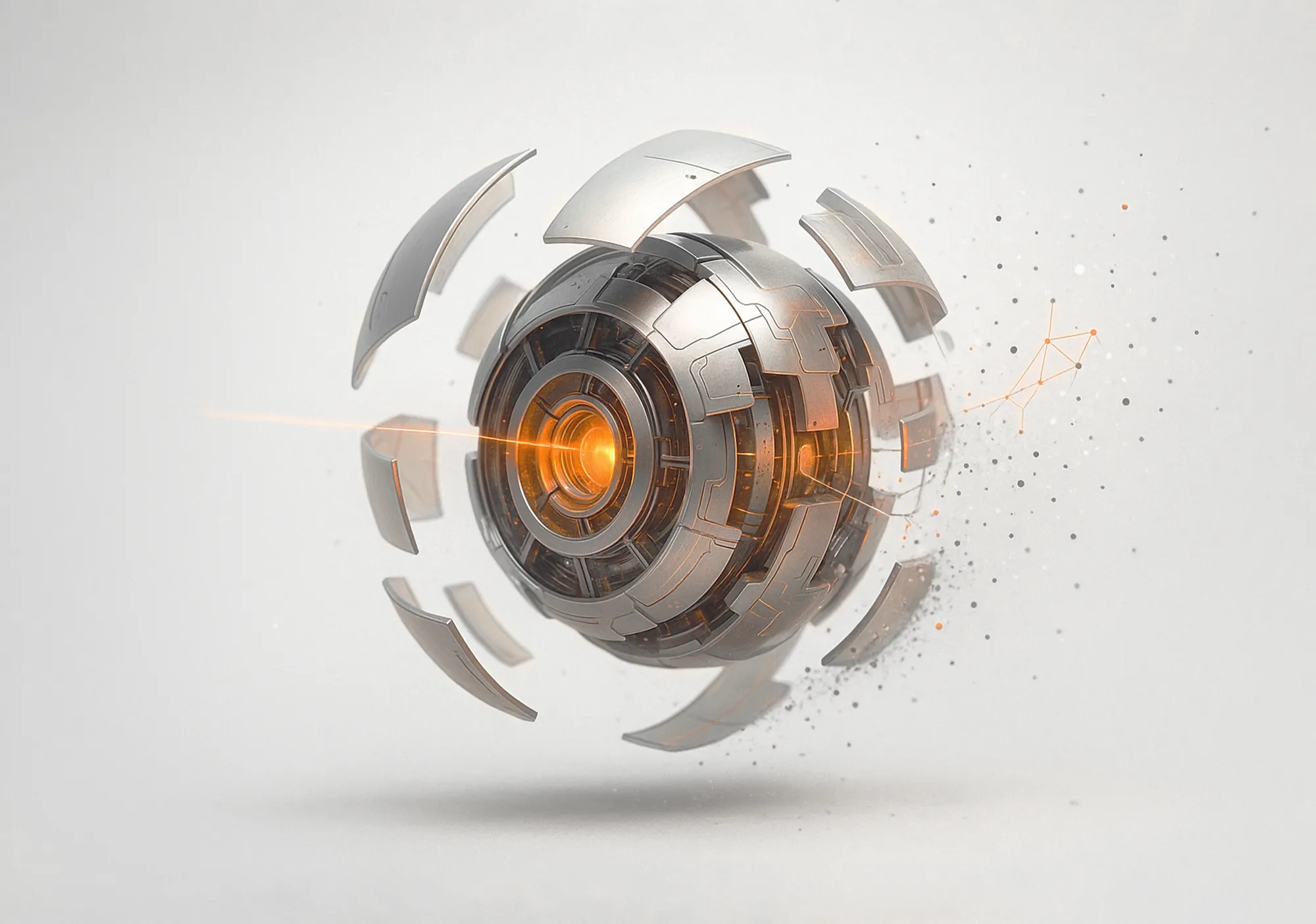 Metallic eye with segmented panels opening to a glowing orange core, evoking the clarity from a technical SEO audit.