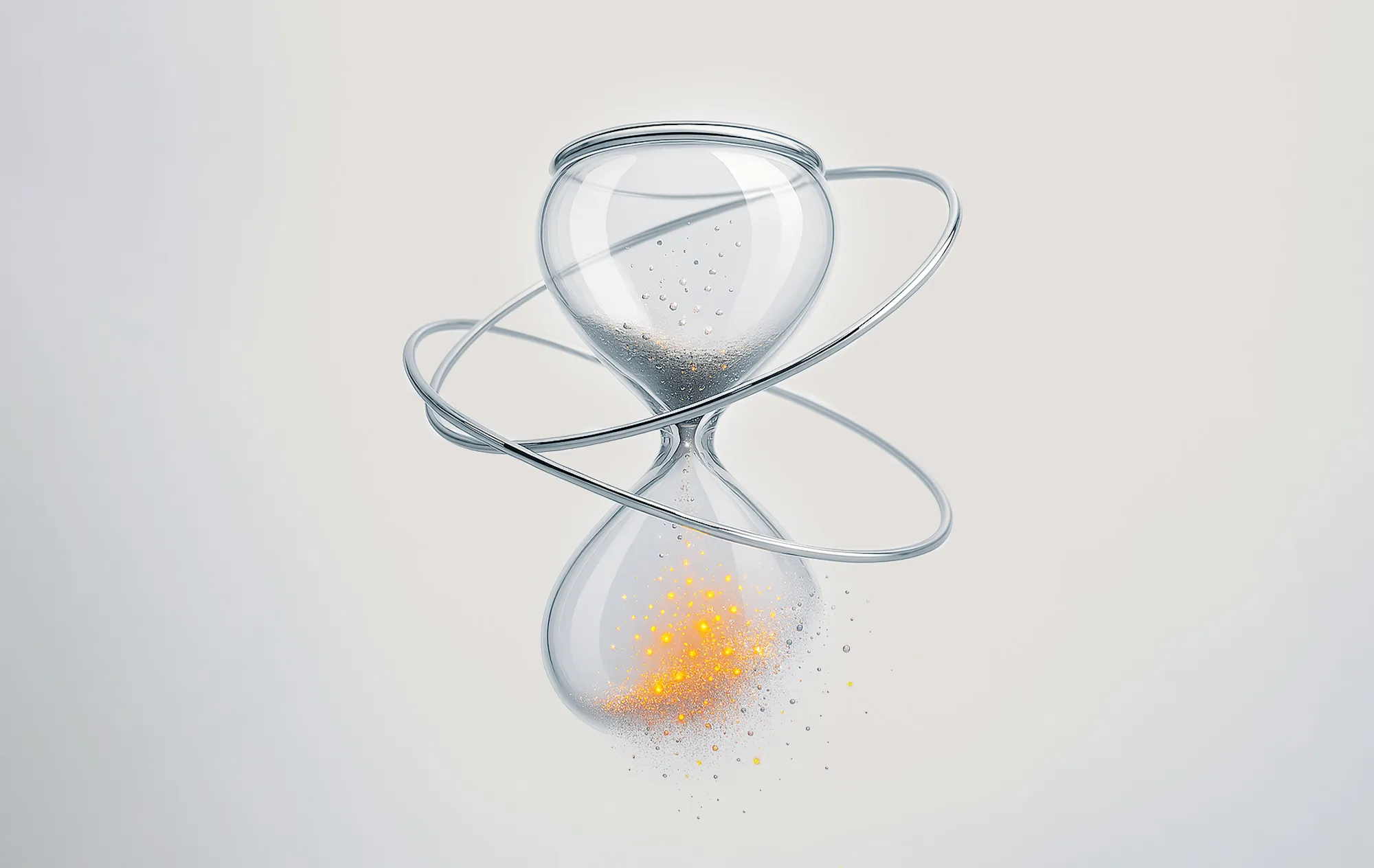 Transparent hourglass with metallic rings and orange particles evokes time sensitivity in ecommerce advertising.