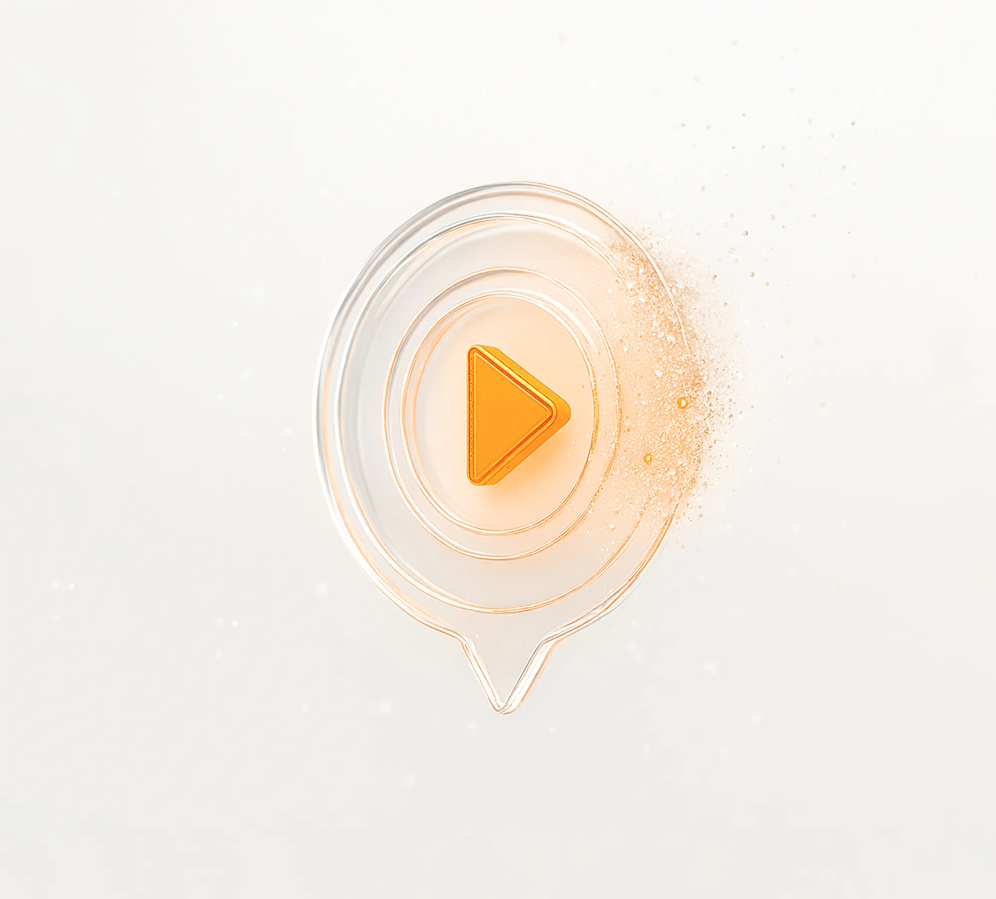 Video advertising on YouTube visualized as a glowing orange play button inside a glass speech bubble.